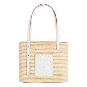 Loewe Small Square Basket Bag In Raffia and Calfskin Beige/White